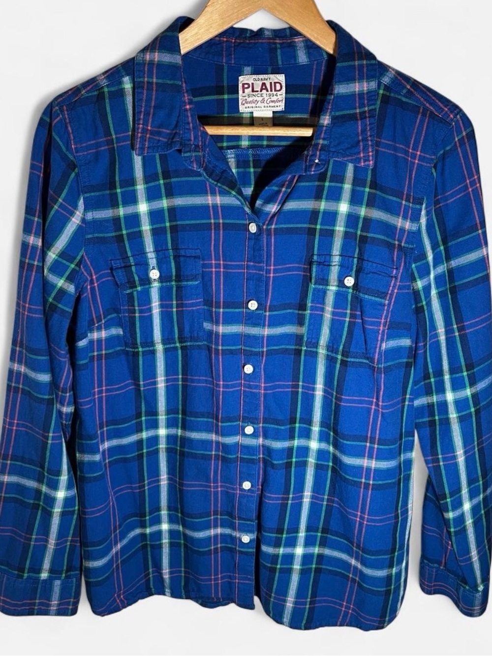 Old Navy Blue & Green Plaid Button-Down Shirt